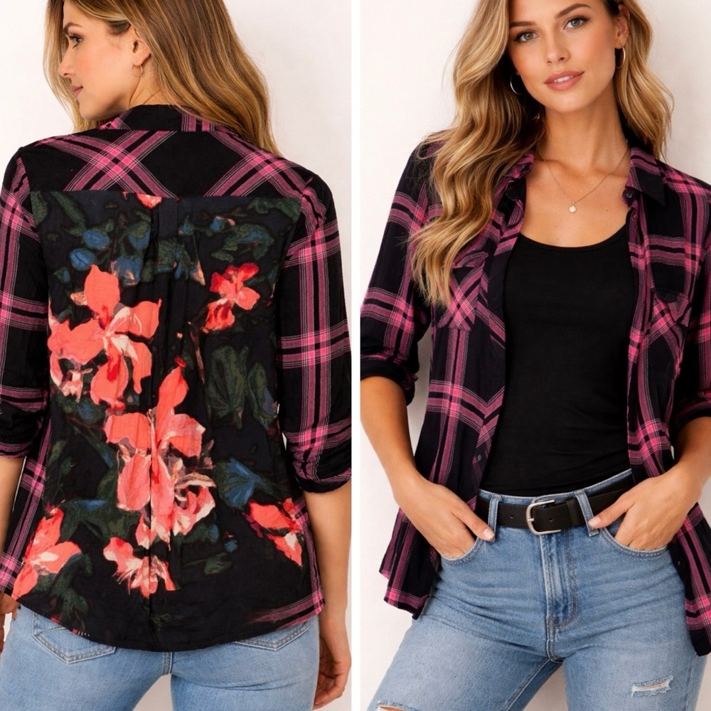 GUESS Mixed Print Shirt 🔥 Plaid Front Floral Back | Statement Piece | Size L